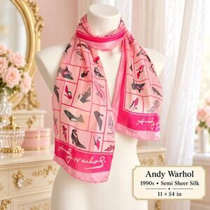 Vintage Andy Warhol 1990s Pink Shoes Pop Art Semi Sheer Silk Scarf 11x54